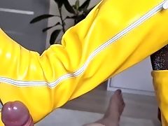 Shoejob With Yellow Boots And Lurex Stockings. Large Jizz Flow